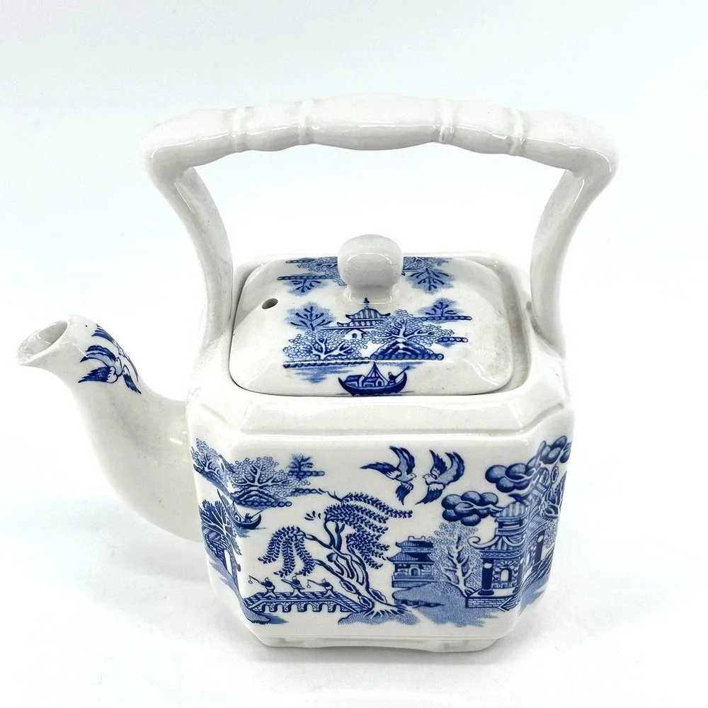 Churchill Blue Willow Chinoiserie Ceramic Teapot Blue White Pagoda Square Base